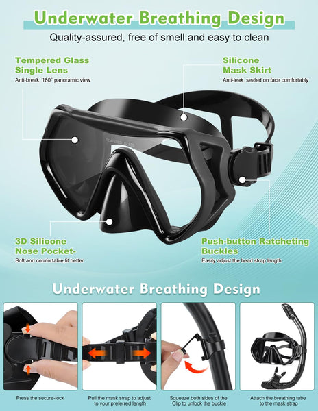 Hydomi Snorkel Set Adults 180° Panoramic Anti-Fog Snorkel Mask with Dry Top Valve, Leak-Proof Tempered Glass Diving Set for Swimming Snorkeling, Travel-Friendly Kit with Adjustable Straps