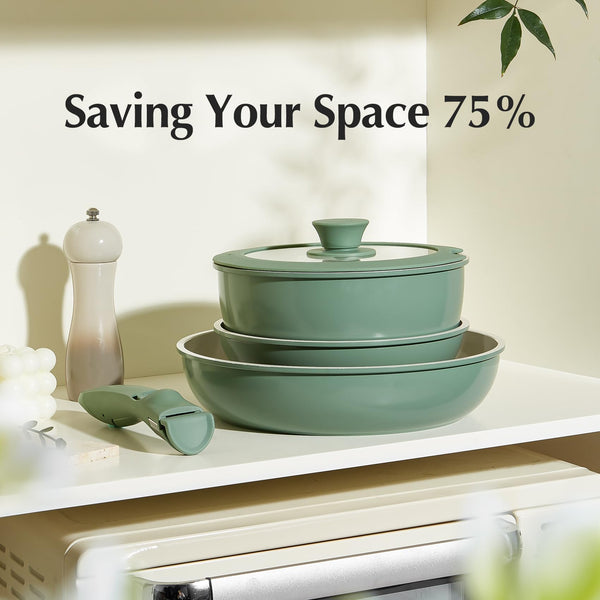 Redchef Ceramic Pots and Pans Set Non Stick, 16 pcs Nonstick Cookware Set with Detachable Handle, Non Toxic, PFAS PFOA & PTFE Free, RV Ceramic Cookware Set for Camping, Oven Safe (Pink)