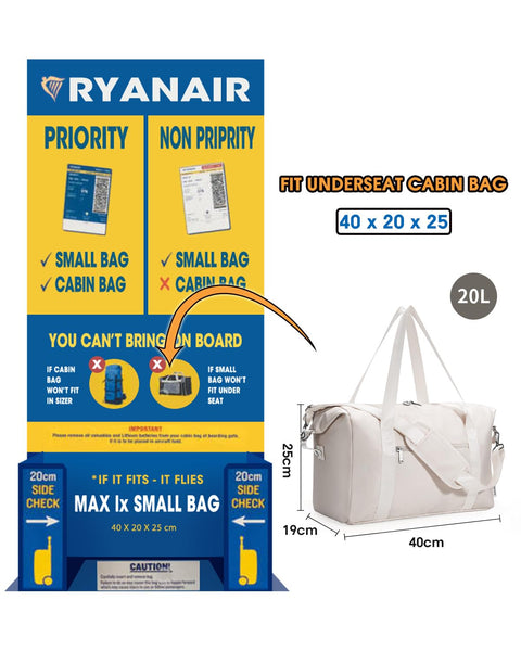 Narwey for Ryanair Cabin Bag 40x20x25 Underseat Ryan Air Bag Foladble Travel Duffel Hospital Carry on Hand Luggage Holdall Weekend Overnight Bag for Women and Men 20L (Beige with Green Straps)