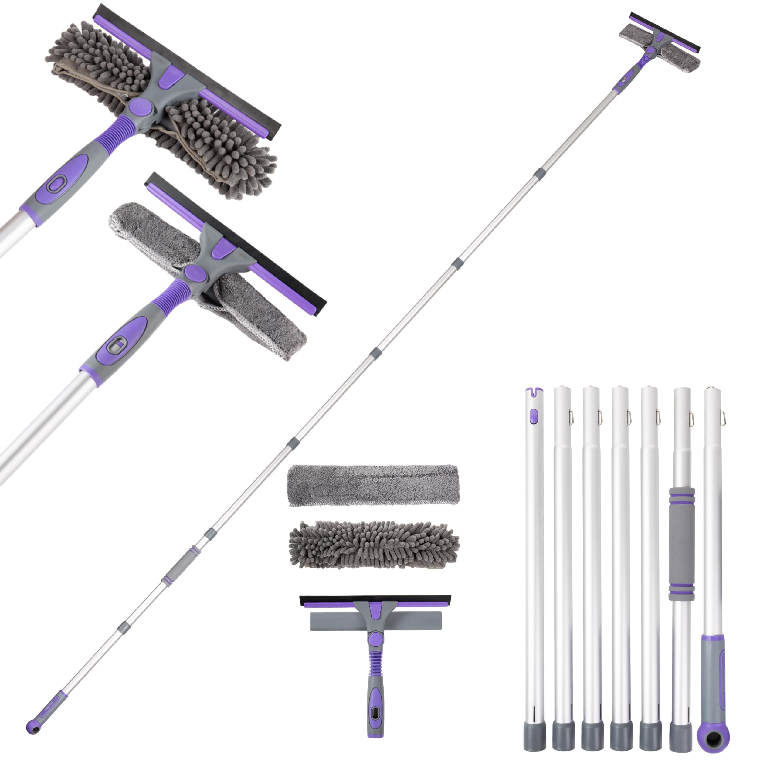 Ecobam Window Squeegee Cleaning Equipment Kit, Long Handle Extendable Telescopic Glass Cleaner Brush with 7 Extension Pole - 105 inch, Bendable Head