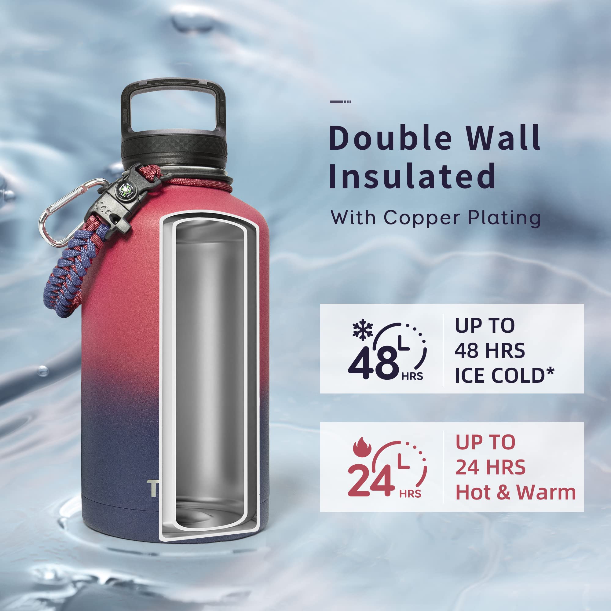 Insulated Water Bottle 2L, Trebo Metal Bottle with Paracord Handle Wide Mouth Double Wall Stainless Steel Large Sports Bottle Keep Cold 48 Hours Water