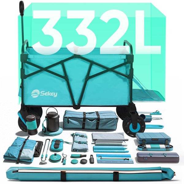 Sekey 332L Folding Festival Trolley with Expandable Tailgate, Patented Design Beach Cart - Diamond Collapsible, Wide All-Terrain Wheels, Brake, 350LB Load Capacity Heavy Duty Wagon for Camping, Black
