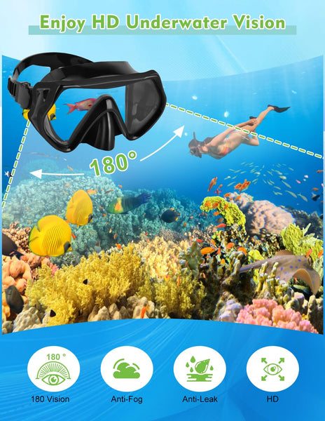 Hydomi Snorkel Set Adults 180° Panoramic Anti-Fog Snorkel Mask with Dry Top Valve, Leak-Proof Tempered Glass Diving Set for Swimming Snorkeling, Travel-Friendly Kit with Adjustable Straps