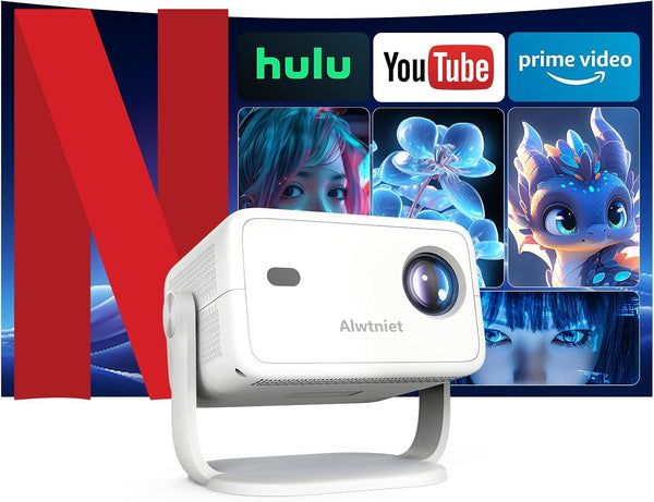 Alwtniet L018 NTV Smart Projector, 1080P Native 400 ANSI Auto Focus Auto Keystone Mini Portable Projector with Play store, ChatGPT Voice Remote Android 13 Home Video Proyector