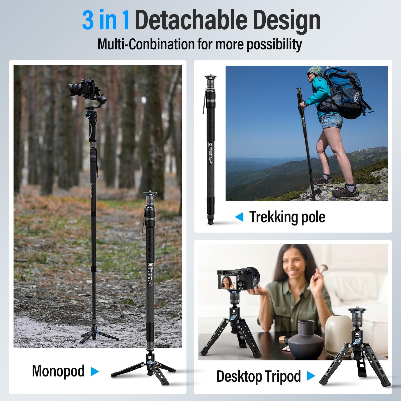 SIRUI SVM-145 Camera Monopod with Feet for Photography, 145cm Carbon Fibre Camera Monopod with Removable Tripod Stand Base, for DSLR, Camcorder, Max Load 10kg