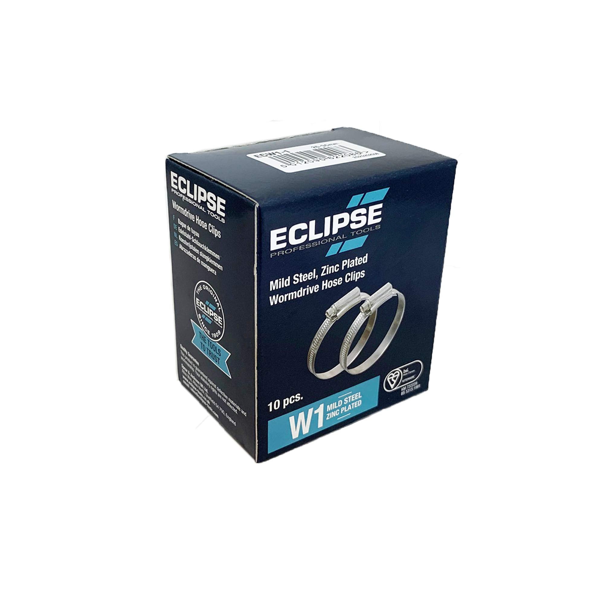 Eclipse Professional Tools ECW1-2A W1 Box of 10 35-50mm (1 ⅜" - 1 ¾") Mild Steel Worm Gear Hose Clamps