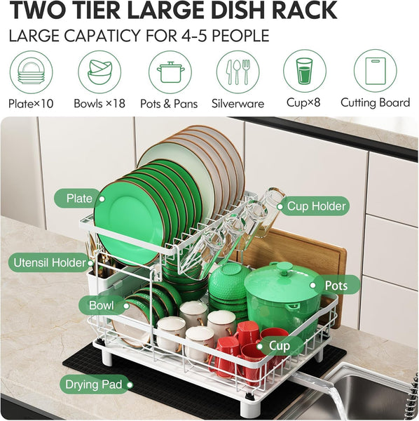 2 Tier Dish Drainer Rack, 2 Tier Dish Drainer with Drip Tray and Drying Mat, Stainless Steel Dish Drying Rack with 360 Swivel Drainage Spout, Utensil