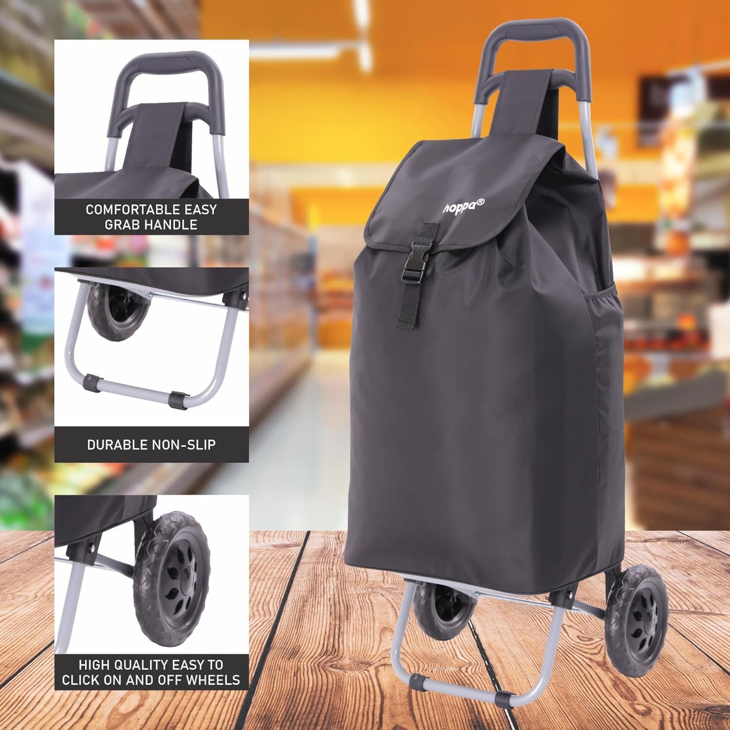 Hoppa 57Ltr Lightweight Shopping Trolley 2025 model, Hard Wearing & Foldaway Push/Pull Cart for Easy Storage With 1 Year Guarantee