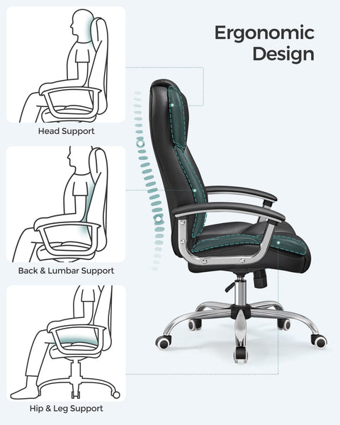 SONGMICS Office Chair, Desk Chair, Gaming Chair with Armrests, Swivel Computer Chair, Executive Office Chair, Adjustable Height, Tilt Function, Home Office, Study, Ink Black OBG57BUKV1