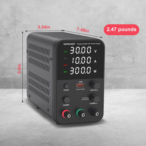 DC power supply (0-30V,0-10A) adjustable, switching power supplies, mini high precision 4-digit display with USB fast charging interface, variable lab bench power supply, output button/encoder knob