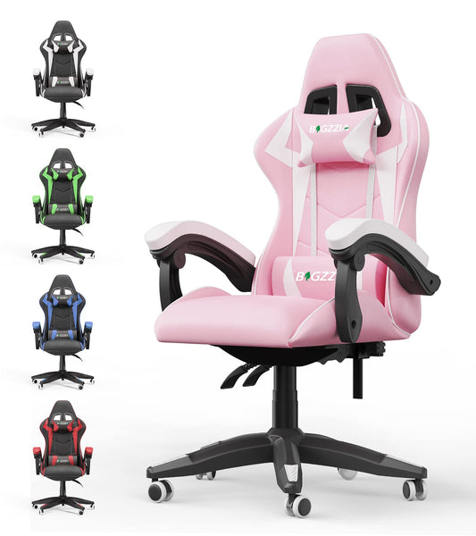 bigzzia Ergonomic Gaming Chair - Gamer Chairs with Lumbar Cushion + Headrest, Height-Adjustable Office & Computer Chair for Adults (without footrest, White)