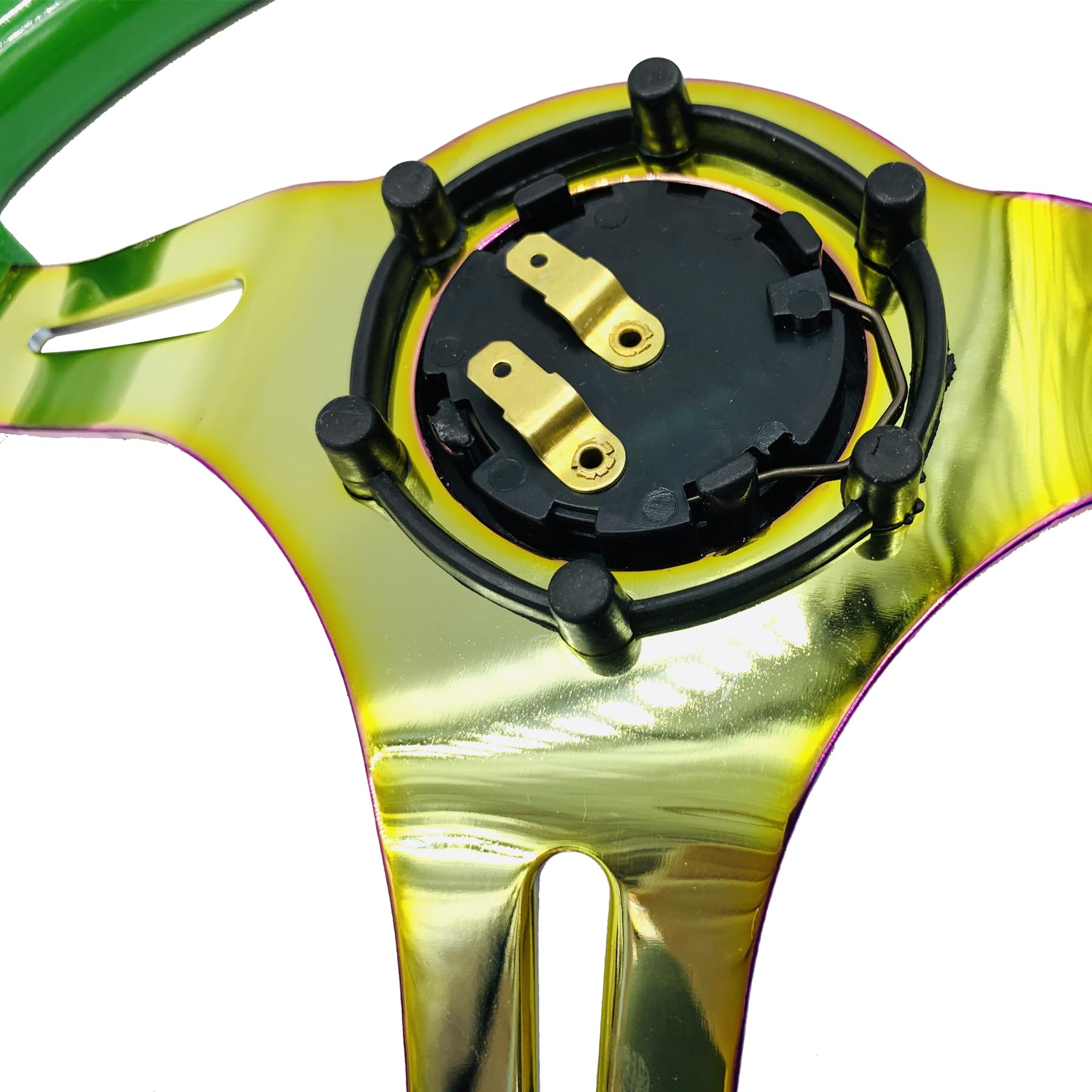 350mm Green Racing Steering Wheel Neo Chrome Spoke Universal 6 Bolts 45mm Deep Dish Classic ABS Wood Steering Wheel with Horn Button