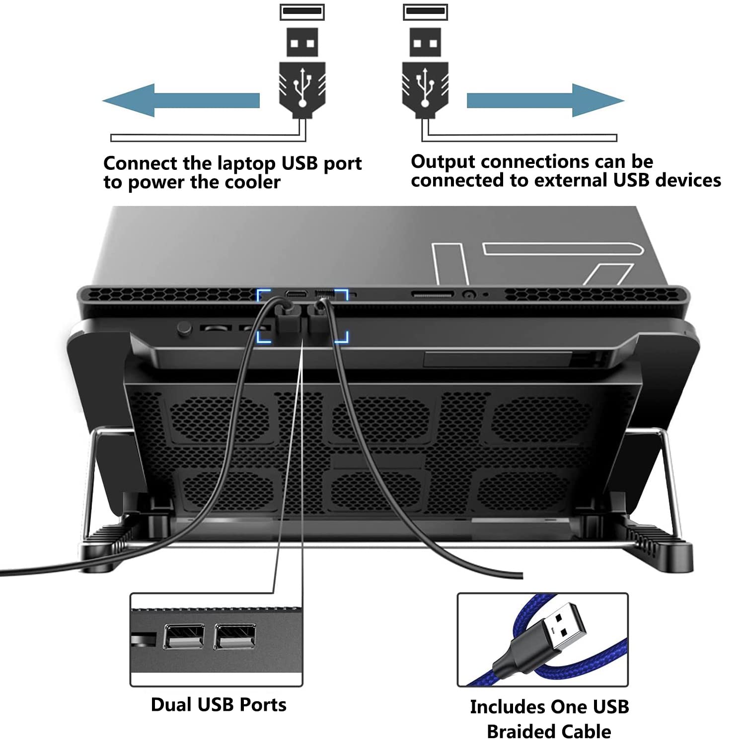 LIANGSTAR Laptop Cooling Pad, Laptop Cooler with 6 Quiet Fans at 2100RPM, Laptop Stand with Phone Holder, 7 Heights Adjustable & USB Powered, suitable for 12-17 Inch, Blue
