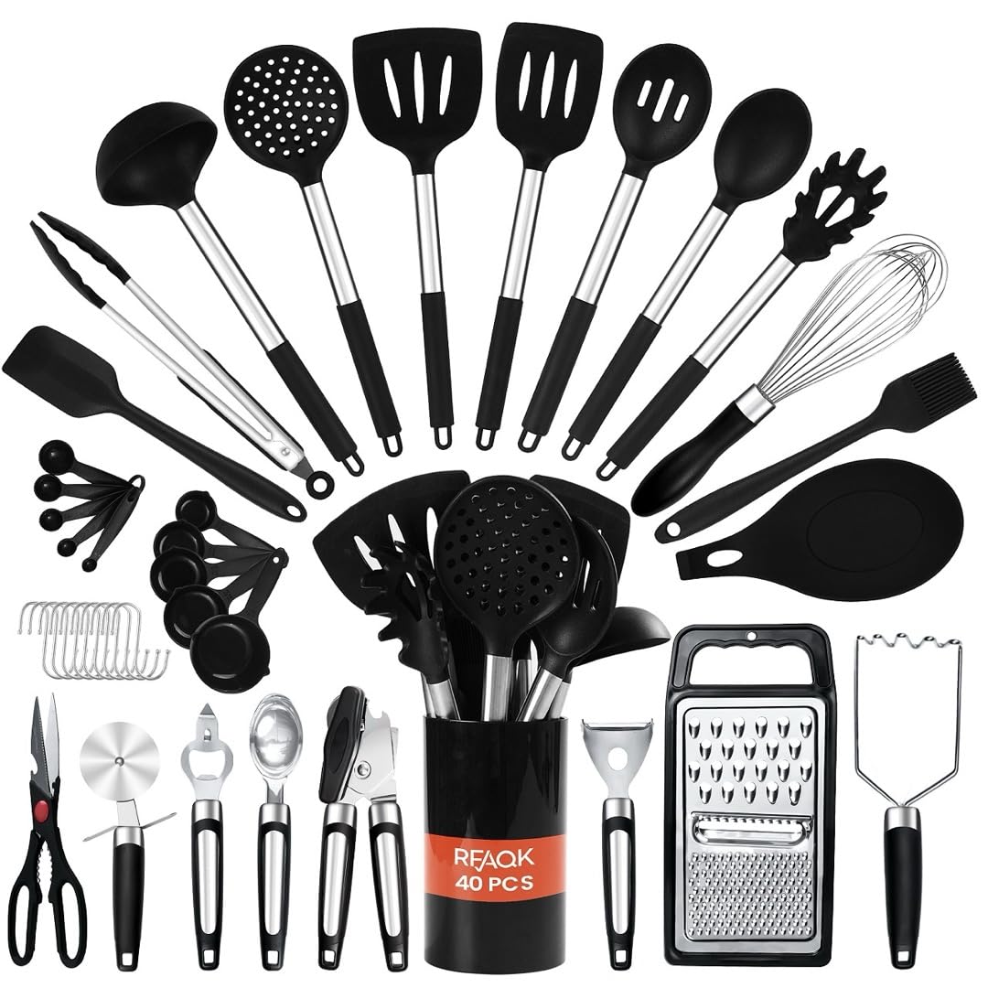 RFAQK 40PCs Silicone Kitchen Utensils Set with Holder 446 Heat Resistant,BPA Free Cooking Utensils Set, Silicone Utensil Set Includes Can Opener,