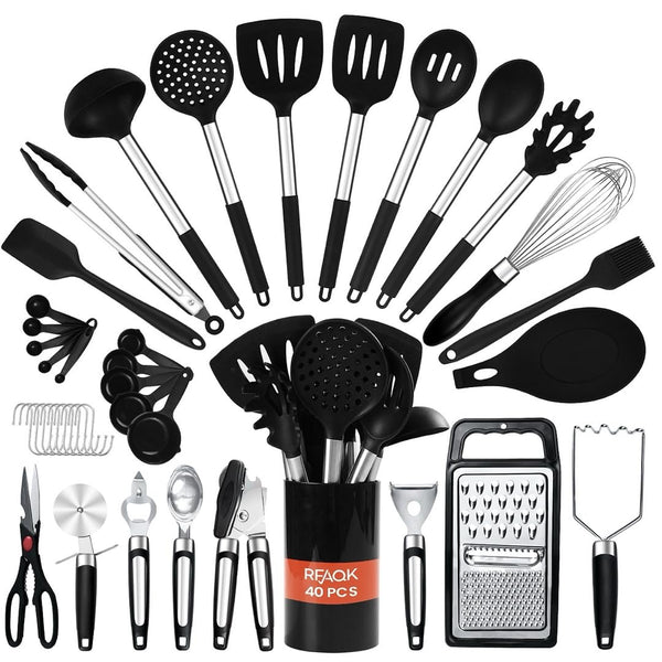 RFAQK 40PCs Silicone Kitchen Utensils Set with Holder 446 Heat Resistant,BPA Free Cooking Utensils Set, Silicone Utensil Set Includes Can Opener,