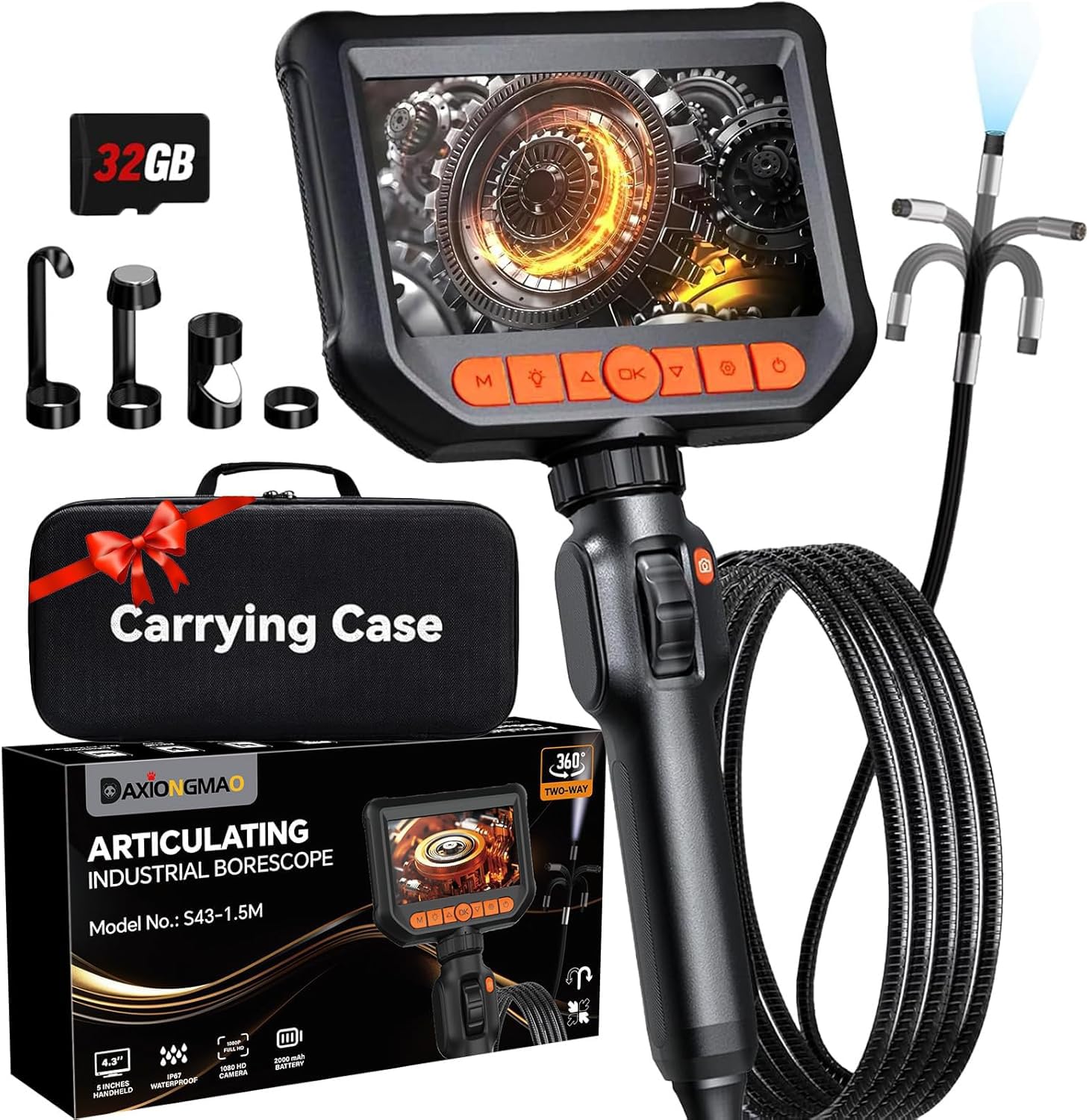 Daxiongmao Borescope, Endoscope Camera with Light, 1080P HD Inspection Camera, Borescope Camera with Light, IP67 Waterproof Camera, 16.5ft Flexible Endoscope Camera, Gadgets for Men (4.3”)