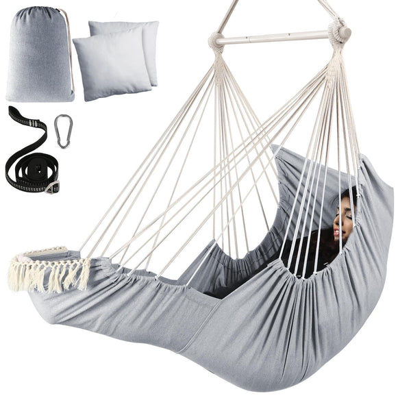 Chihee Hammock Chair Hanging Chair with Foot Rest 2 Cushions Max 550lbs Robust Metal Spreader Bar Collapsible Easy Storage Soft Cotton Swing Chair