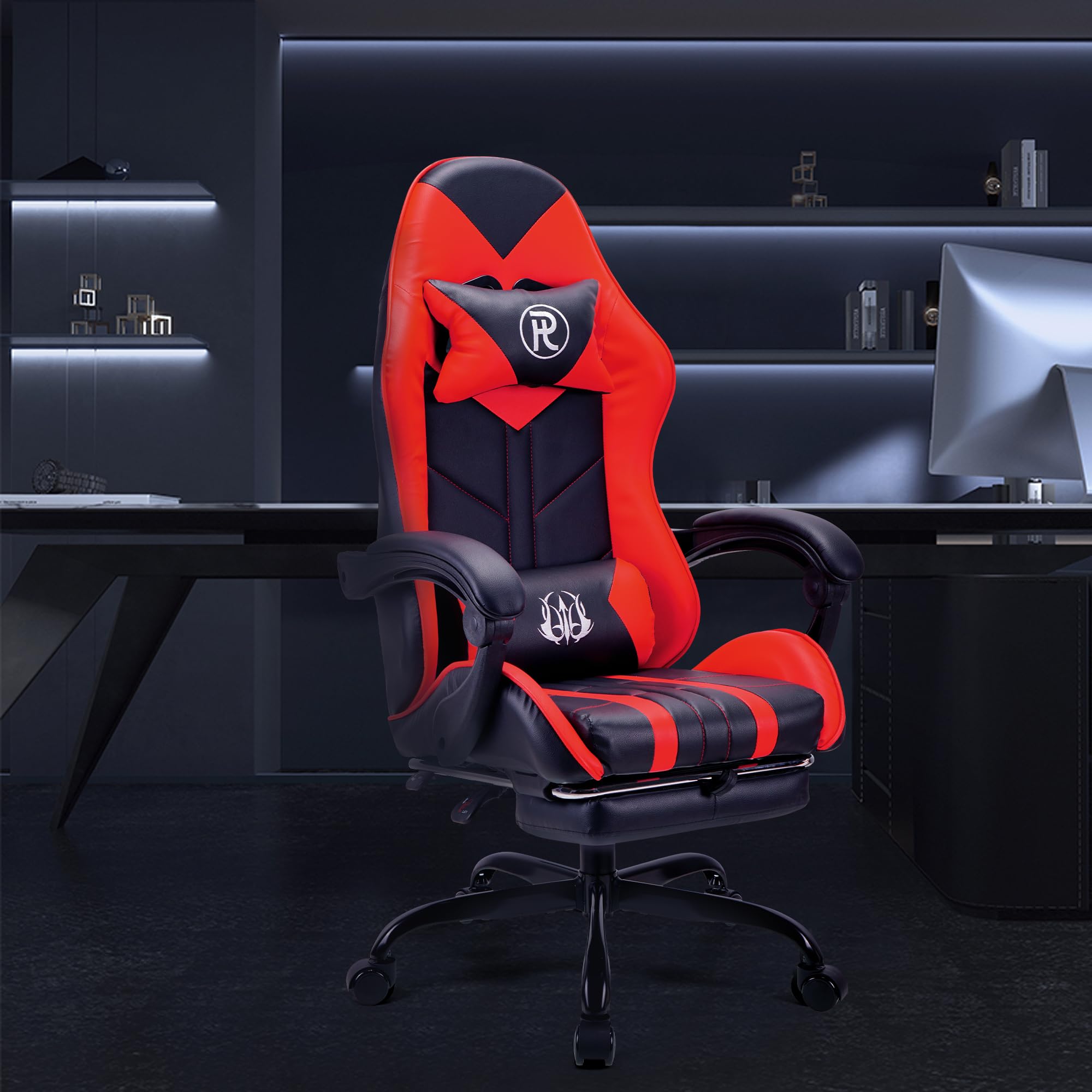 Play haha.Ergonomic reclining seat with footrest adjustable headrest and lumbar cushion high back support padded armrests PU leather finish for gaming home or office use