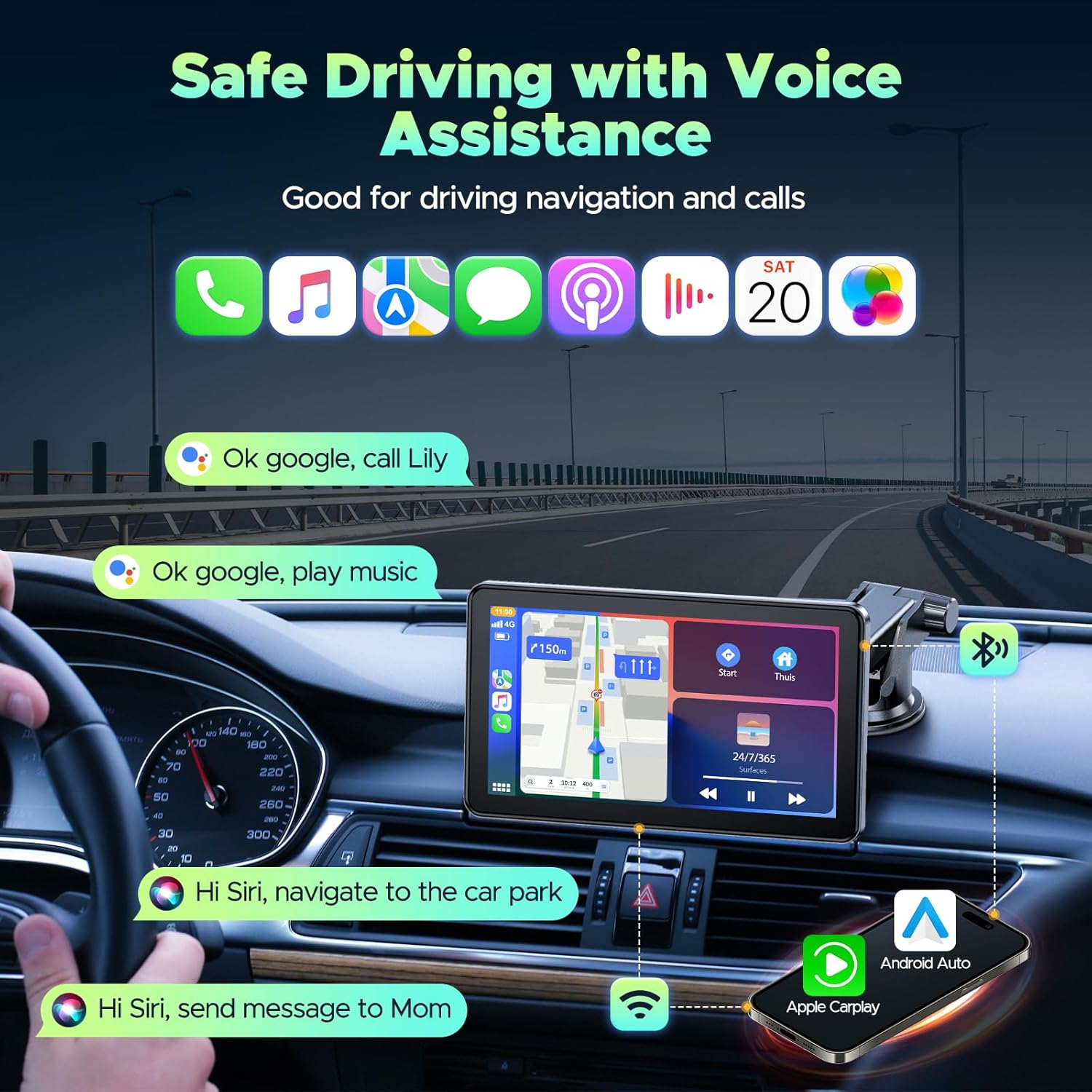 LAMTTO 7 inch Carplay Screen for Apple Carplay Android Auto Wireless, Mirror Link, Live Navigation, Siri G00gle Voice Assistant, Touchscreen, Bluetooth 5.0, AUX, FM