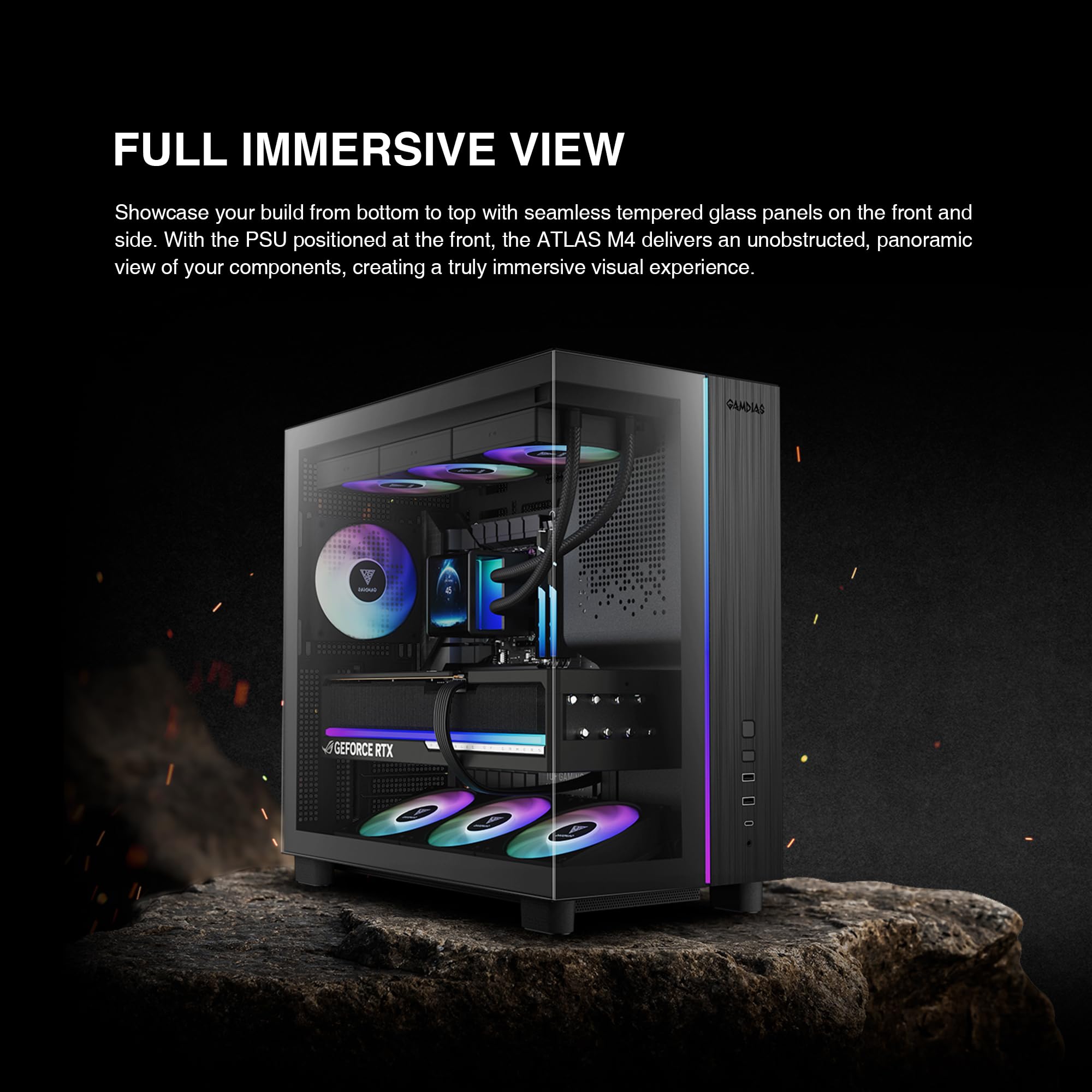 GAMDIAS PC Case, ATX Gaming Mid Tower, No-Hub, Real-time Monitor, Seamless Tempered Glass, Pre-install 3 x 120 mm ARGB PWM Fans, Side Vents Perforated, Black