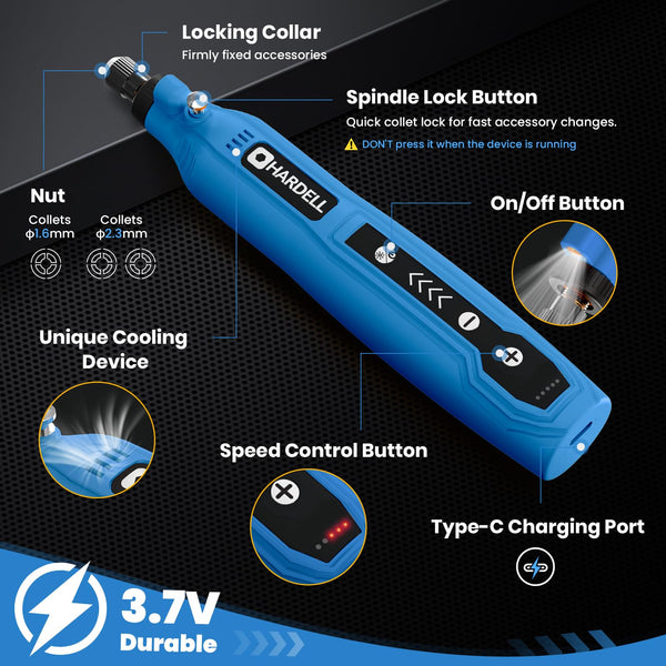 HARDELL Mini Cordless Rotary Tool, USB Charging, 5-Speed Rotary Tool Kit with 61 Accessories, Multi-Purpose 3.7V Power Multi Tool for Sanding, Polishing, Drilling, Etching, Engraving, Cutting, DIY