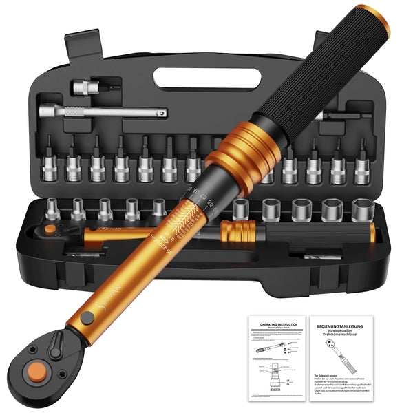 13PCS Bike Torque Wrench Set 3-25 Nm, Small Torque Wrench 1/4 Drive, Dual-Direction Adjustable 72 Teeth, ±3% Accuracy, with Extension Bar, Socket Bits (Hex & Torx), for Mountain Bike, Bicycle Repair