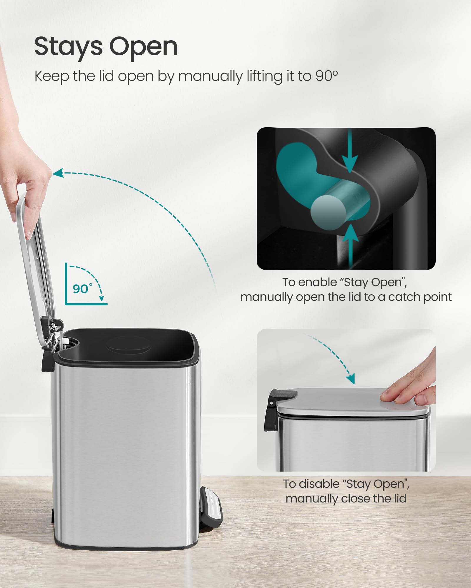 SONGMICS Kitchen Bin, 8-Gallon (30 L) Trash Bin, Steel Pedal Bin, with Inner Bucket, Soft Close and Stays Open, Metallic Silver LTB593E01