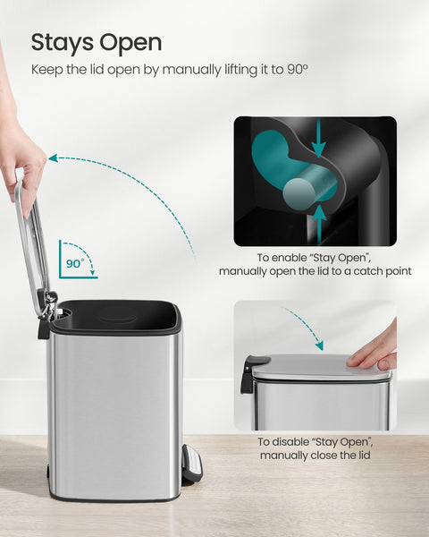 SONGMICS Kitchen Bin, 8-Gallon (30 L) Trash Bin, Steel Pedal Bin, with Inner Bucket, Soft Close and Stays Open, Ink Black LTB593B02