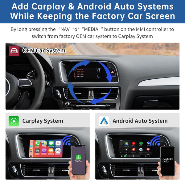 Road Top Wireless Carplay Android Auto Module Receiver Box for Audi S4 S5 A4 A5 (2009-2015 Year) for Q5 (2009-2017 Year) with 2GMMI, Carplay Retrofit Kit Decoder, Support Mirrorlink, Camera