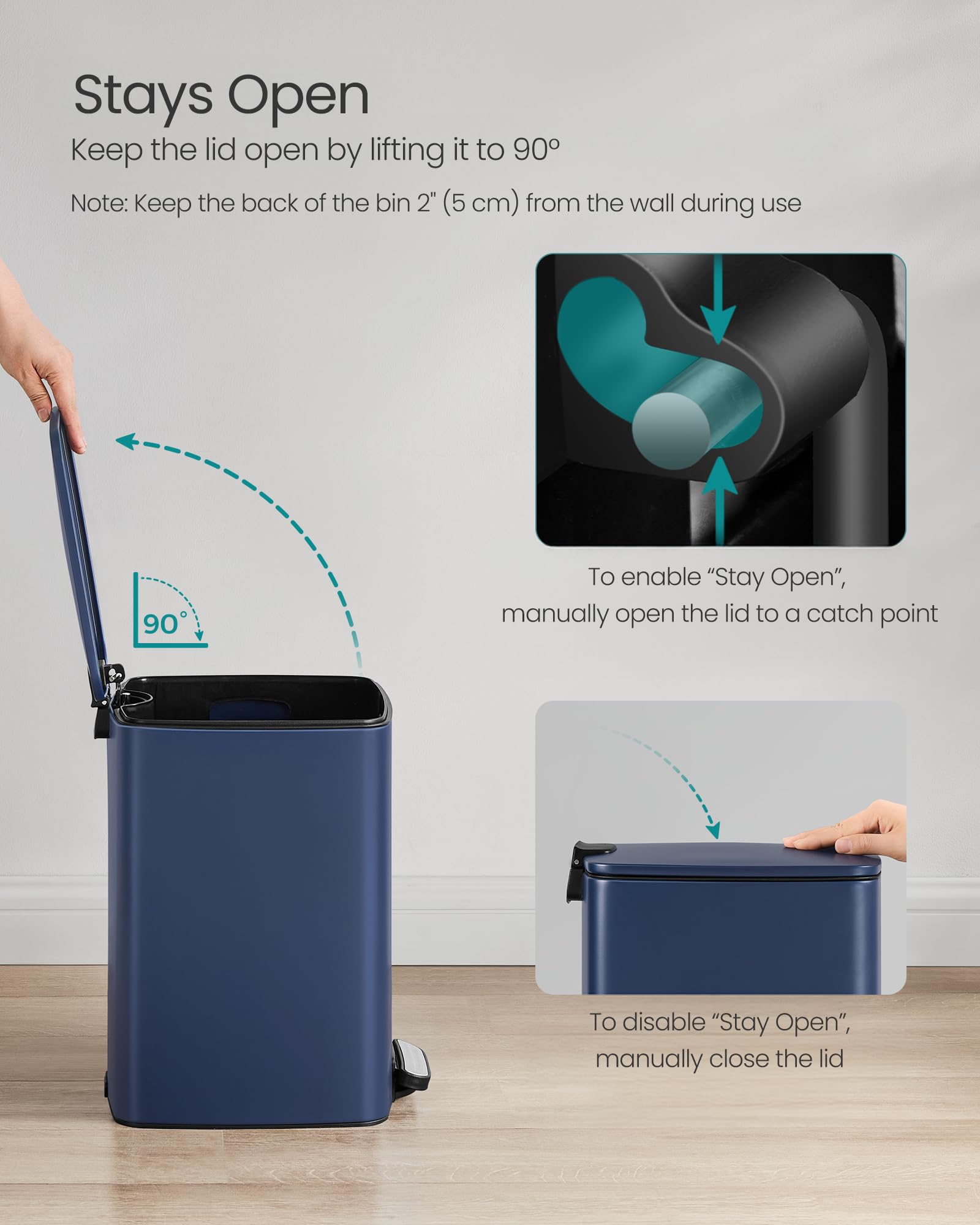 SONGMICS Kitchen Bin, 8-Gallon (30 L) Trash Bin, Steel Pedal Bin, with Inner Bucket, Soft Close and Stays Open, Ink Black LTB593B02