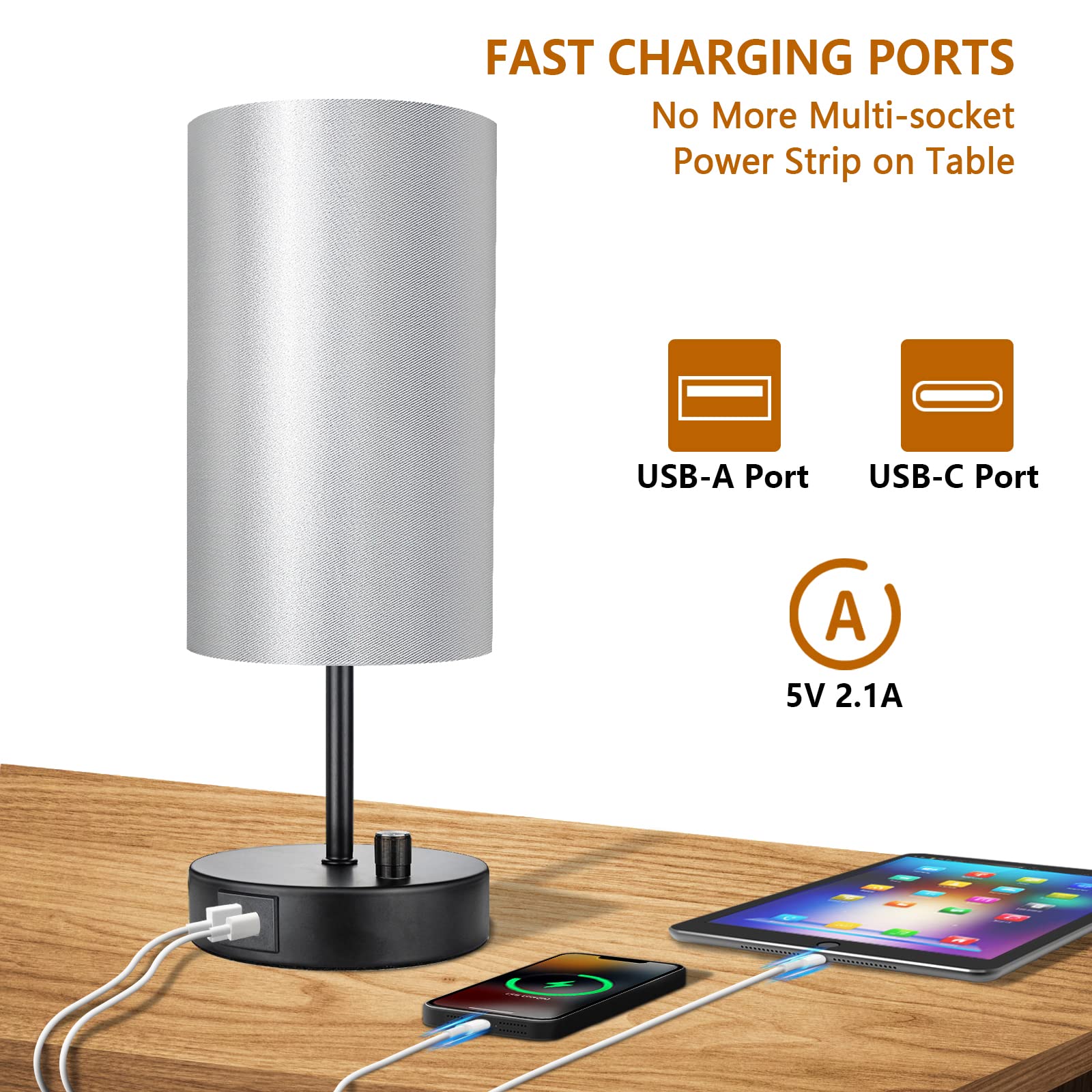 Allesgute Table Lamps Set of 2, 45cm Small Bedside Lamp with USB A + C Charging Ports, Round E27 Desk Light with Dimmable Knob for Bedroom Living Room