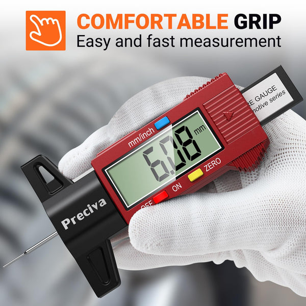 Tyre Tread Depth Gauge, Preciva Silver 0-25.4mm/Inch Digital Tire Checker UK, Tyres Depths Measuring Tool with Large LCD Screen for Cars, Trucks, Vans