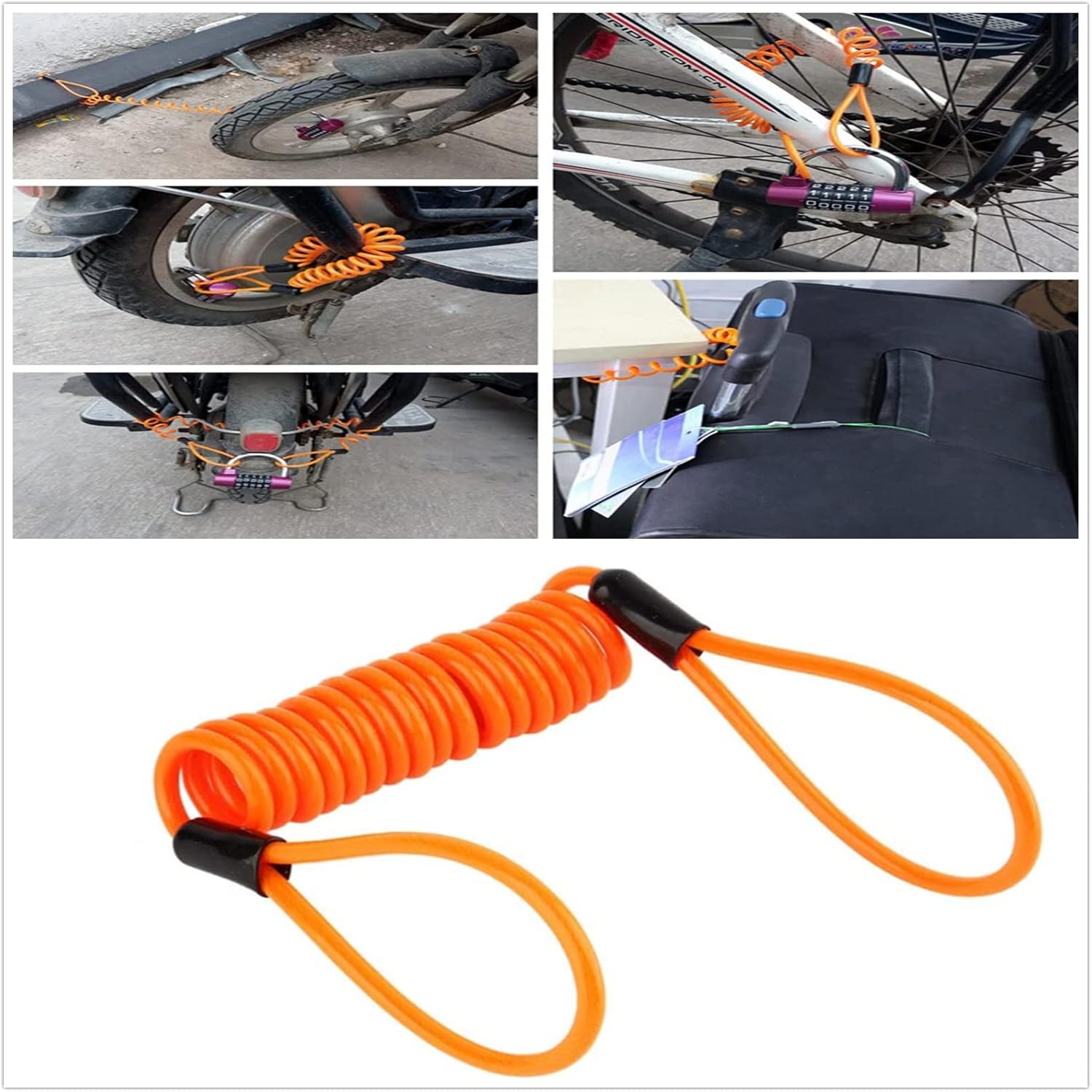 Anti Theft Spring Reminder Rope, Motorcycle Bike Alarm Disc Lock Antitheft Security Spring Reminder Cable Tight Orange