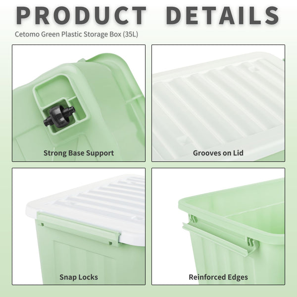 Cetomo 35L*3 Storage Boxes with Wheels, Plastic Storage Box with Lid, Latching Buckles, Click Closure, Stackable, Nesting, Durable Organizer for Home