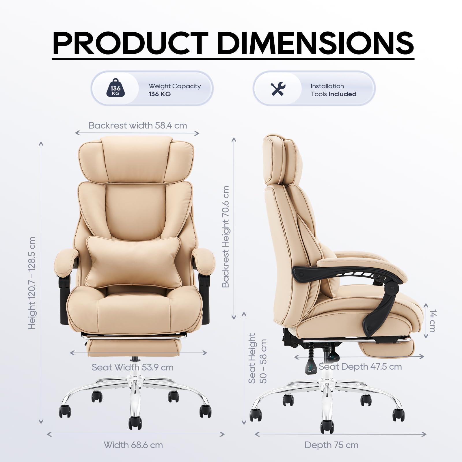 COLAMY Executive Office Chair with Footrest - Ergonomic High Back Design, Thick Bonded Leather Computer Chair with Removable Lumbar Pillow, Recliner Desk chair for Home Office Work Comfort (Black)