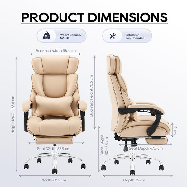 COLAMY Executive Office Chair with Footrest - Ergonomic High Back Design, Thick Bonded Leather Computer Chair with Removable Lumbar Pillow, Recliner Desk chair for Home Office Work Comfort (Black)