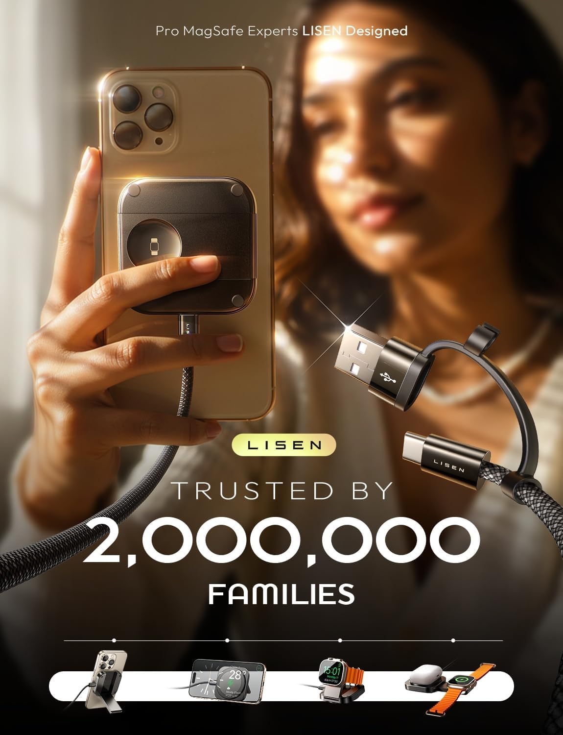 LISEN Travel Magsafe Wireless Charger for iPhone 16 Apple Watch, Mag Safecharger Charging Station Pad Portable Magnetic Charger Stand Dock Desk Accessories for iPhone 16 Pro Max 15 13 12 14 Pro iWatch