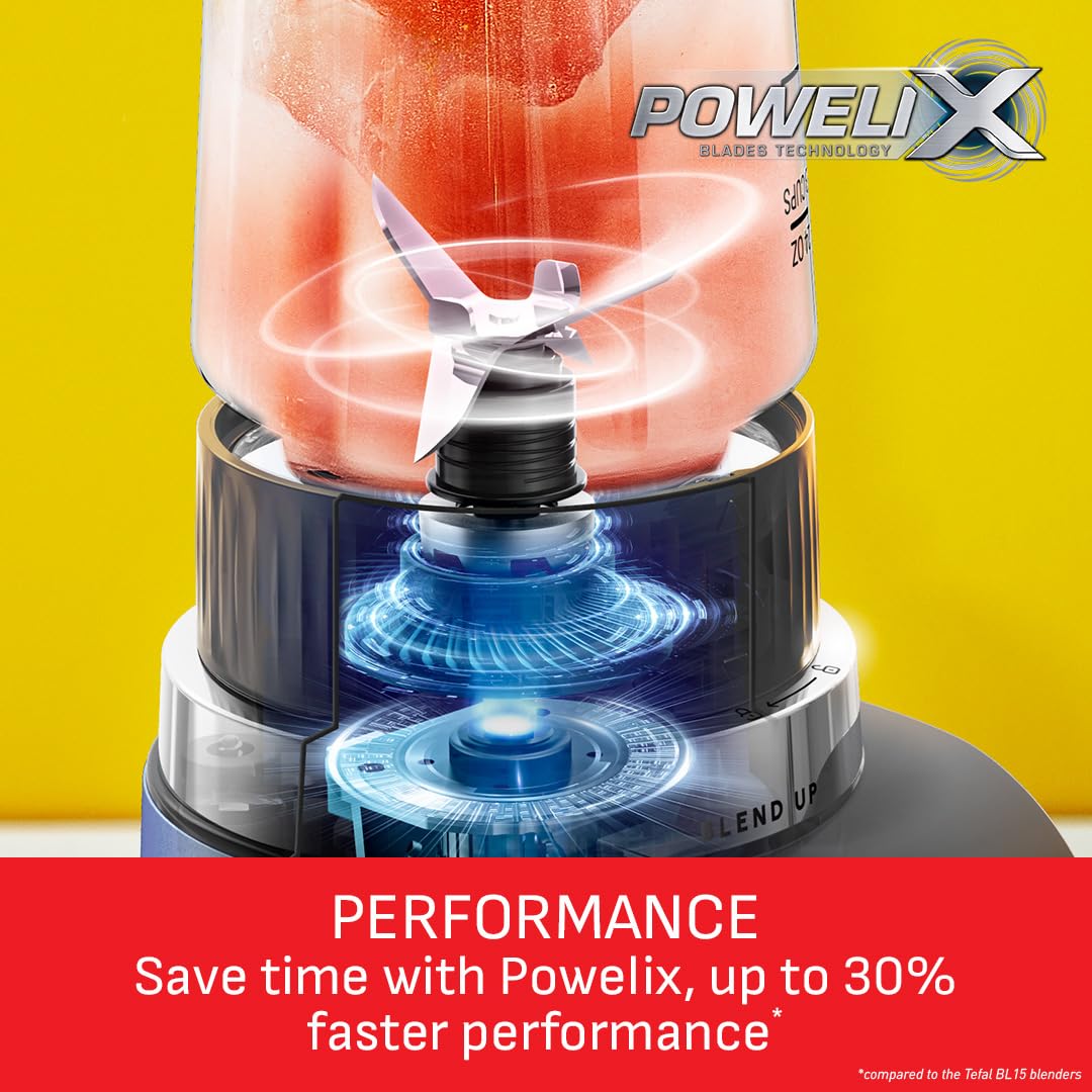 Tefal Blend Up Powerful Mini Blender, Quiet Mode, 8 Auto Programmes, Auto Cleaning Programme, 2 Durable Bottles 0.7L & 0.4L, Smoothies, Protein Shakes, Cocktails, Ice Crush, Hummus, 6 Blades BL19H4G0