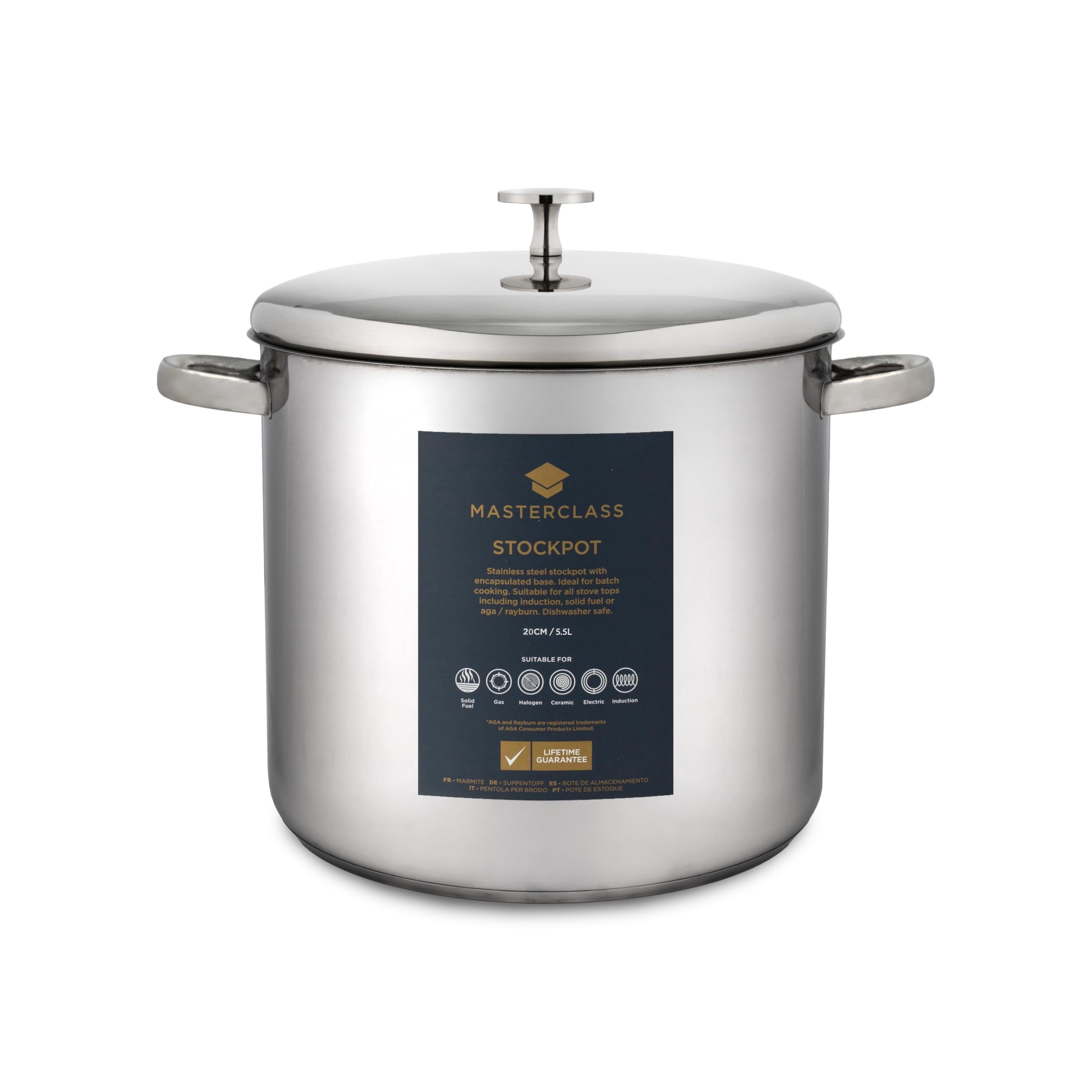 MasterClass Stock Pot With Lid 8.5L/24cm, Induction-Safe, Stainless Steel, Silver