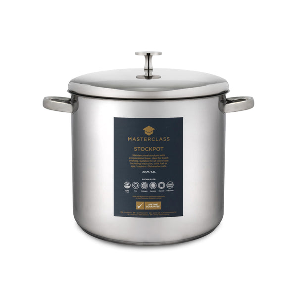 MasterClass Stock Pot With Lid 8.5L/24cm, Induction-Safe, Stainless Steel, Silver