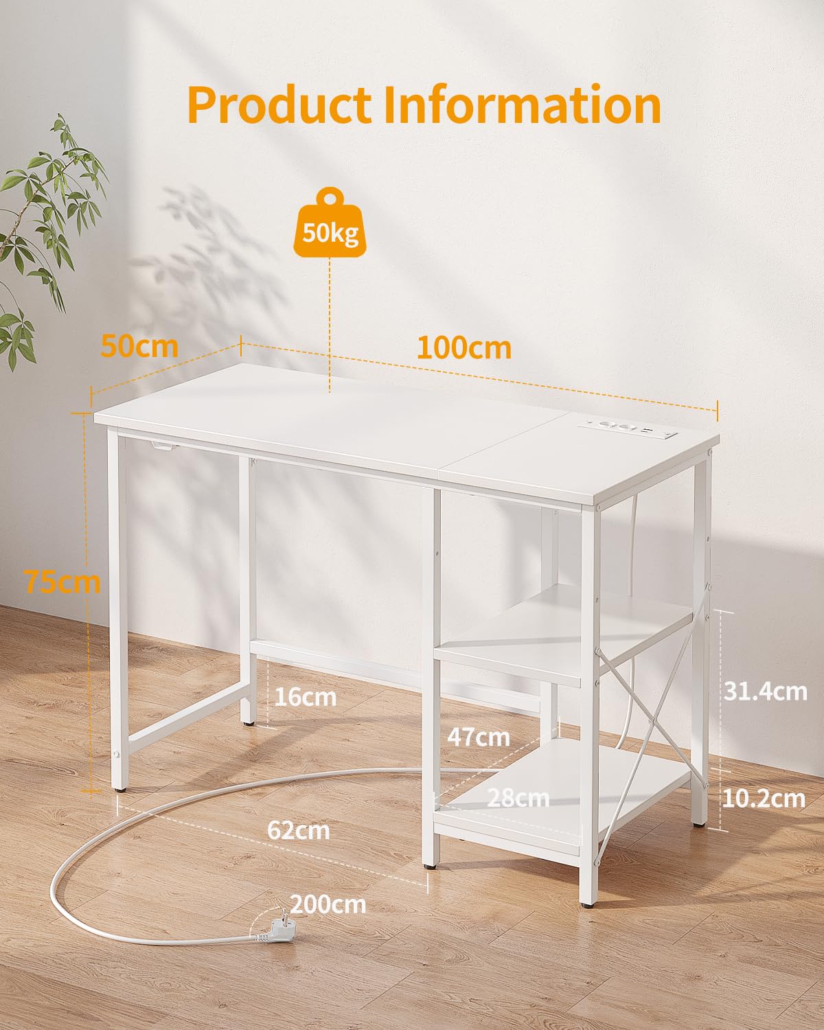CubiCubi Computer Desk with Monitor Stand and Storage Shelves, 120cm Home Office Desk Study Writing Table, White