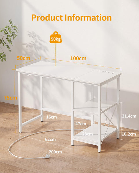 CubiCubi Computer Desk with Monitor Stand and Storage Shelves, 120cm Home Office Desk Study Writing Table, White