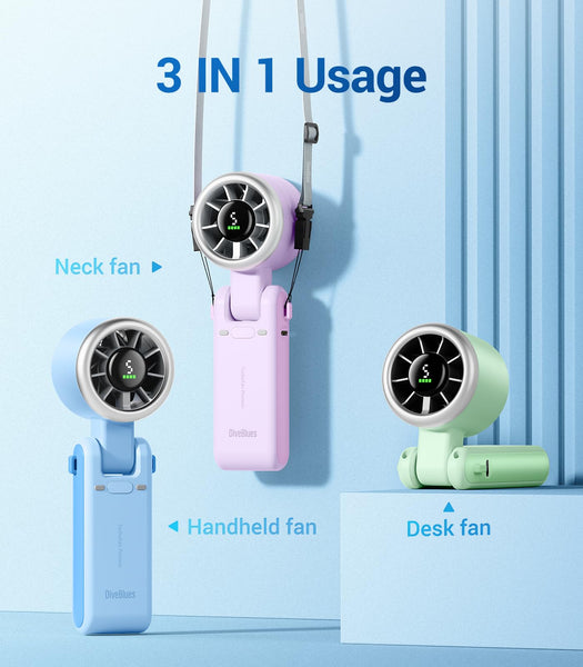 Diveblues Portable Handheld Fan, High-Speed Turbo Portable Fan, LED Display, Up to 12 Hours, 4000mAh Battery, 5 Wind Gear, Rechargeable small Hand Fan for Travel/Commute/Outdoor, Gifts for Women
