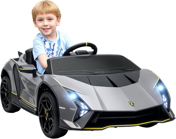 AIYAPLAY 12V Lamborghini Autentica Licensed Kids Electric Car with Butterfly Doors, Ride on Car with Remote Control, 4 Suspension Wheels, Soft Start, LED Lights, Music, Horn, Grey