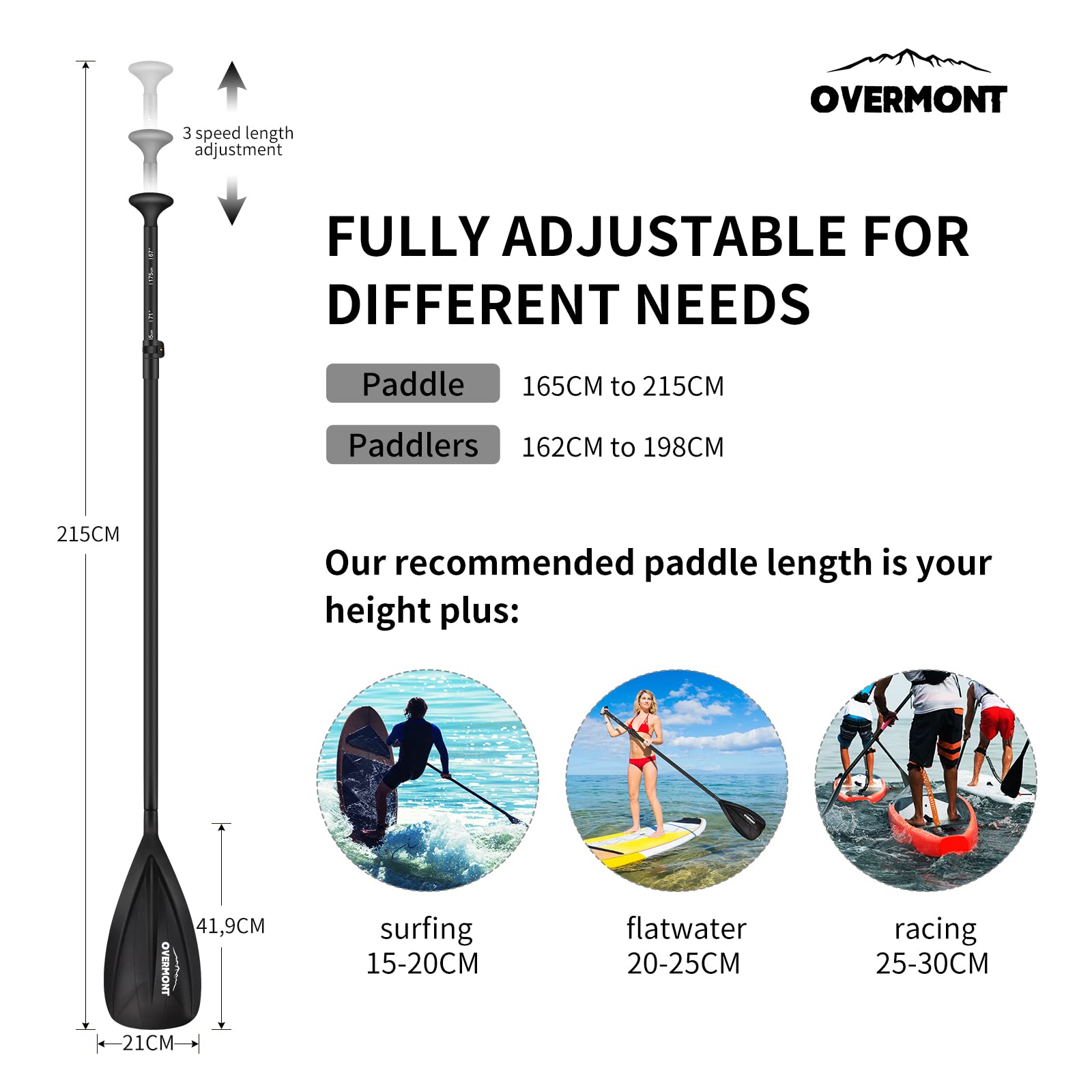 OVERMONT Aluminum Alloy SUP Paddle - 3 Piece Adjustable Stand Up Paddleboard Paddle