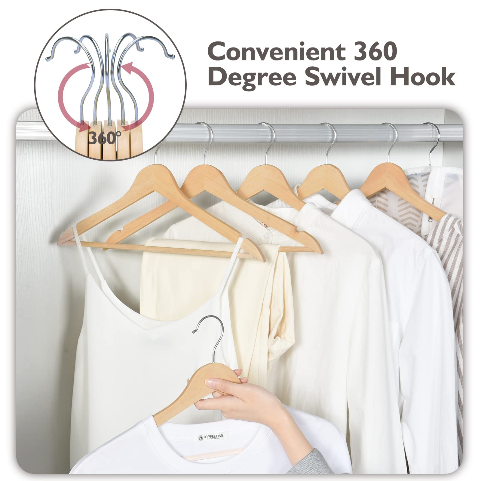 Edergoo Wooden Hangers 30 Pack, Smooth Surface Wooden Coat Hangers Adult, 360 Swivel Hook and Precisely Cut Notches Hangers for Clothes, Suit,