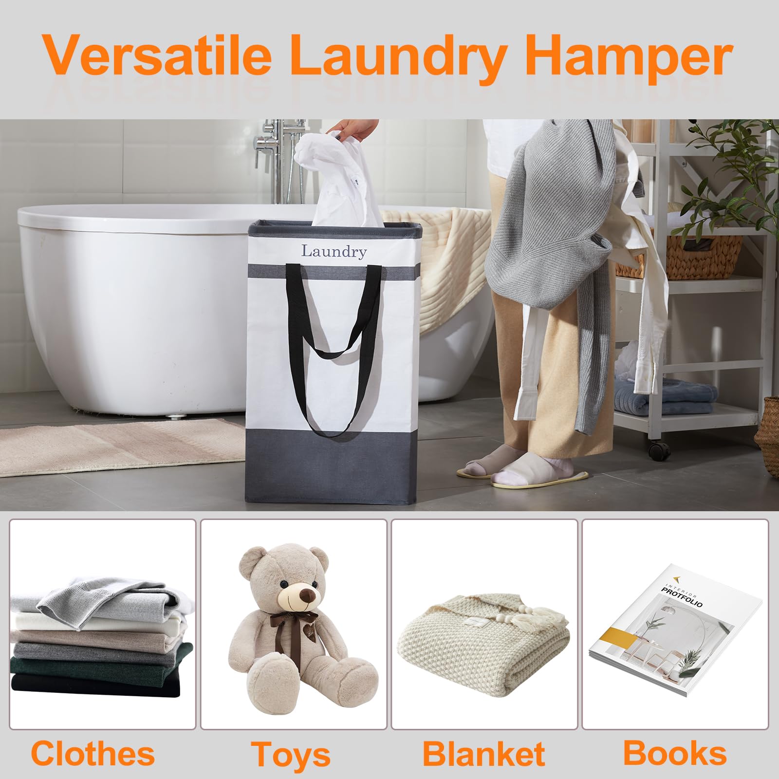 ROSOS Collapsible Foldable Hamper - Extended Double Handle, 80 L Laundry Basket for Bedroom Bathroom Dorm Storage - 1 Pack, Black