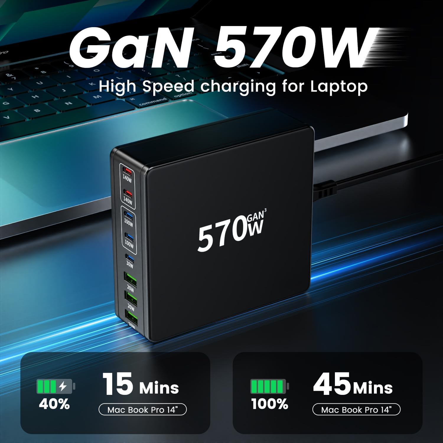 FINIBO 570W USB C Charging Station - 8 Port With 5 USB C and 3 USB A, Quick Charger Multiple Dual PD PPS for Laptop, MacBook Pro/Air, iPad, iPhone Series, Samsung