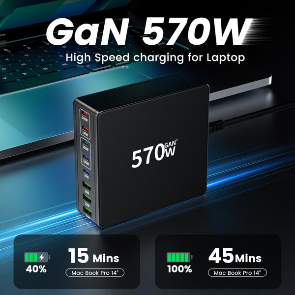 FINIBO 570W USB C Charging Station - 8 Port With 5 USB C and 3 USB A, Quick Charger Multiple Dual PD PPS for Laptop, MacBook Pro/Air, iPad, iPhone Series, Samsung