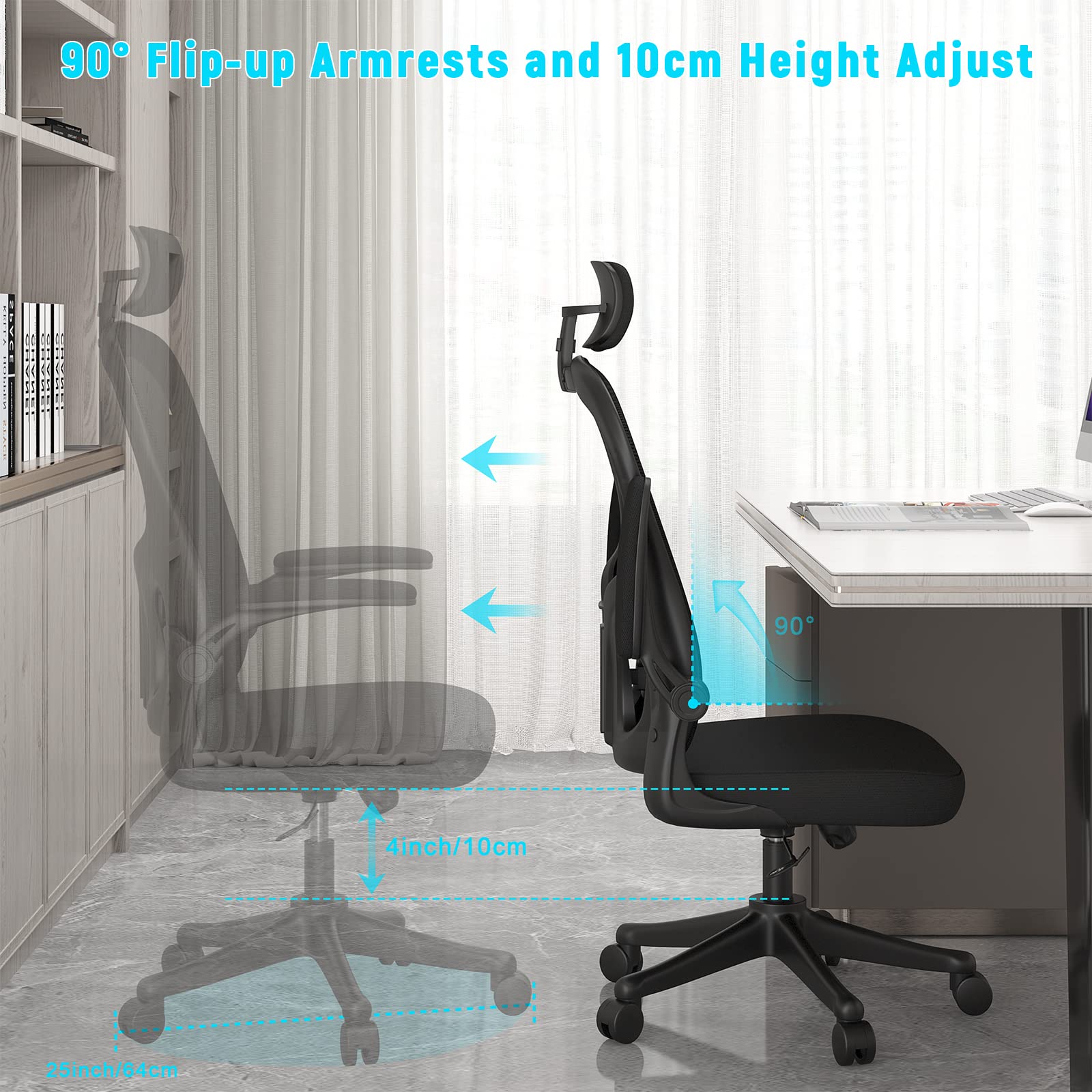 naspaluro Office Chair Ergonomic Desk with 90° Flip-up Armrest Lumbar Support, Height Adjustable Chair, Executive Swivel Computer Padded Seat Cushion for Home/Office